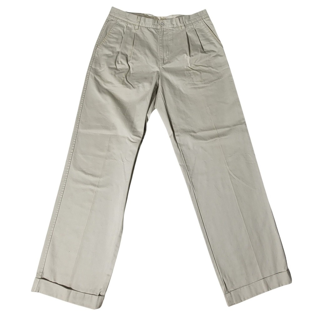 Gap Mens Relaxed Fit Pleated Khaki Chino Pants Tan Cuffed Cotton Trousers 34x31
